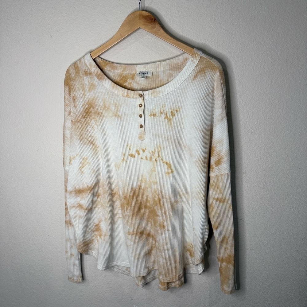 Umgee Gold Mix Tie Dye Long Dolman Sleeve Top Ribbed Henley Women’s Size Large